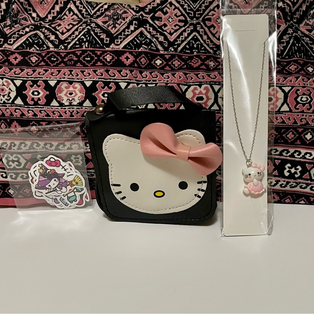 Y2K Nostalgia, Hello Kitty Pink and Black Crossbody Bag, Necklace, & Stickers